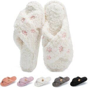 ⚡Women’s White Cat Paw Faux Fur Cozy Fuzzy Cross Band Slippers House Shoes